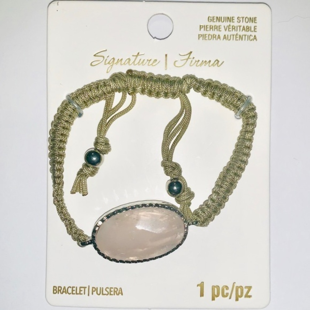 Mauve/coral stone w khaki braid 8” BOHO bracelet